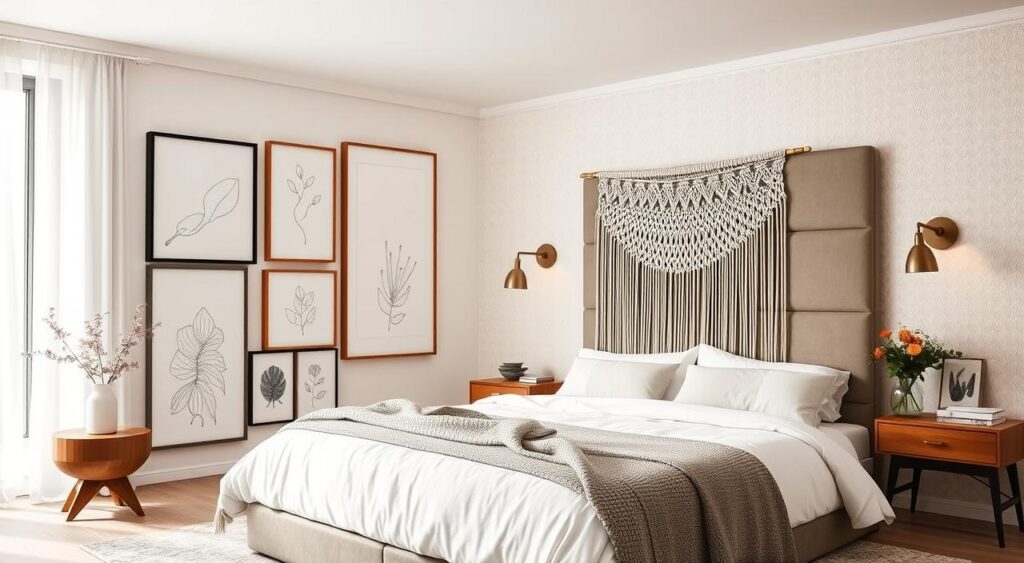 Quarto espaçoso e bem iluminado, com foco em decorações de parede estilosas e modernas.