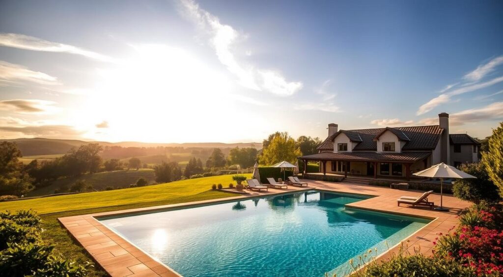 Country House with Pool: Several Photos to Enchant You 2 Uma ampla propriedade rural aninhada em colinas verdes ladeadas por uma vasta vegetação.