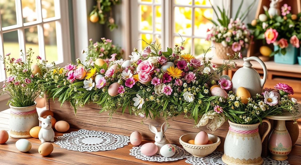 Decoração de Páscoa com ovos encantadores e coelhinhos.