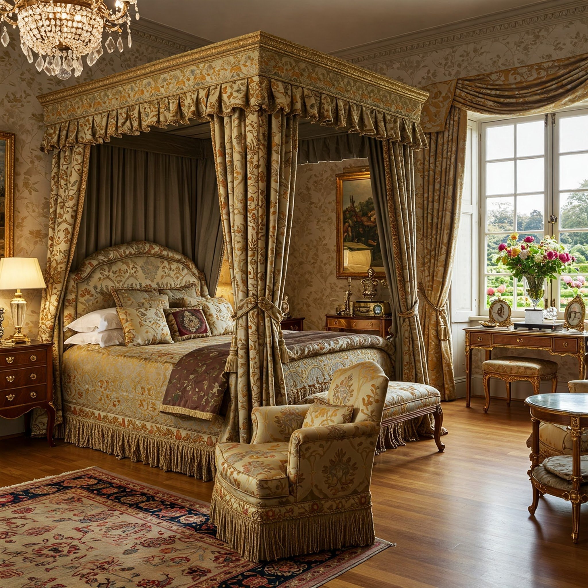 Uma imagem de um quarto luxuoso com decoração elegante, destacando a sofisticação e o conforto.