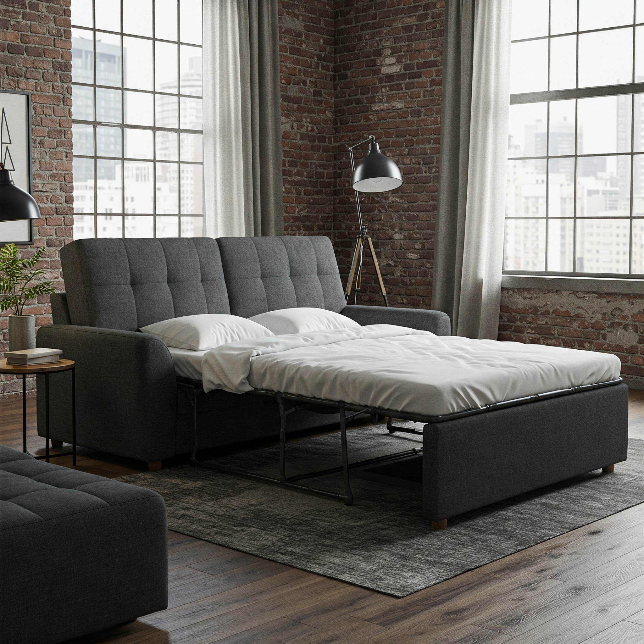 Uma imagem de um sofá-cama, ilustrando como ele pode ser uma solução prática e multifuncional para diferentes ambientes da casa.