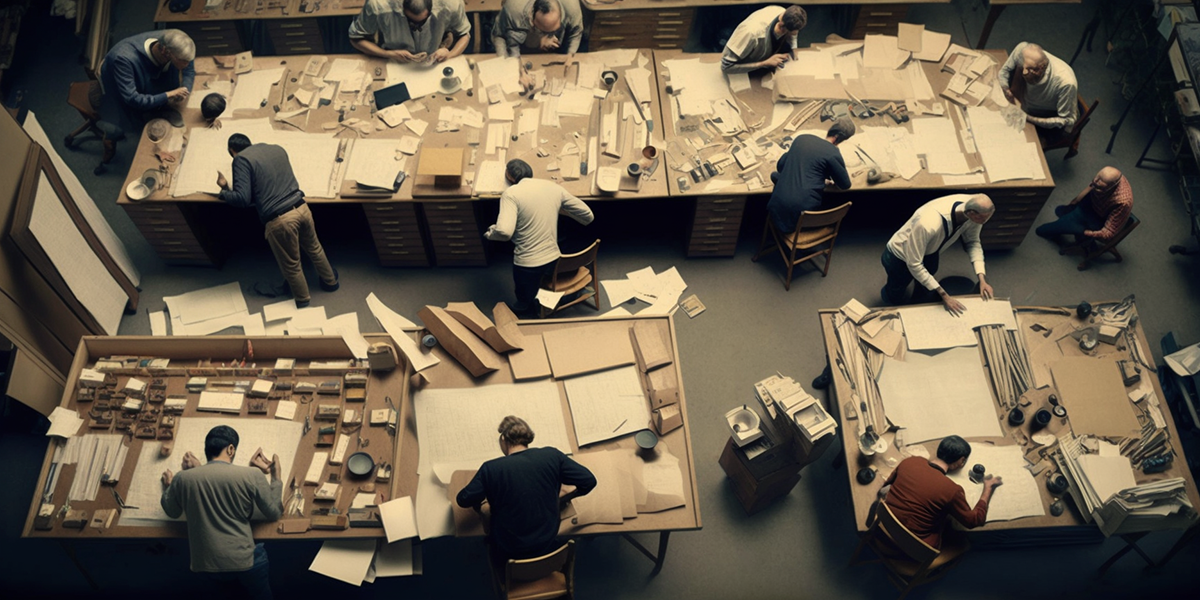 Estudantes de arquitetura internando-se em um ambiente de estúdio, representando a dedicação ao trabalho.