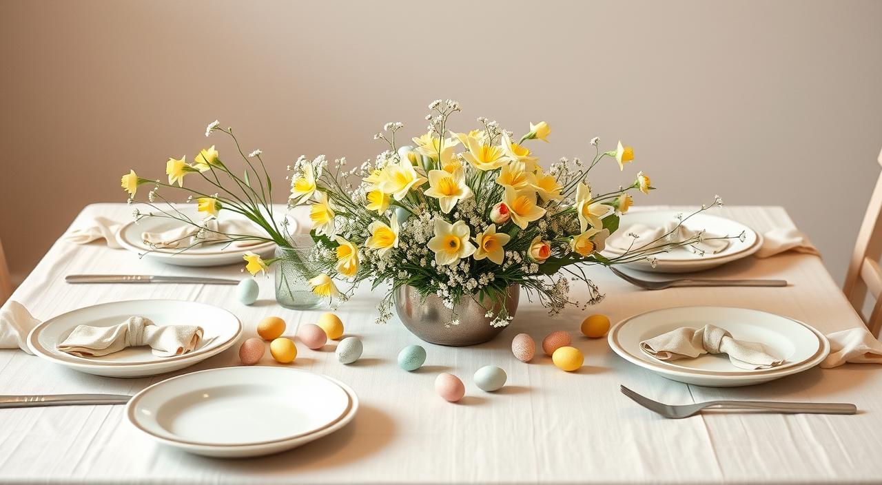 Decoração charmosa de mesa de Páscoa simples e acolhedora.