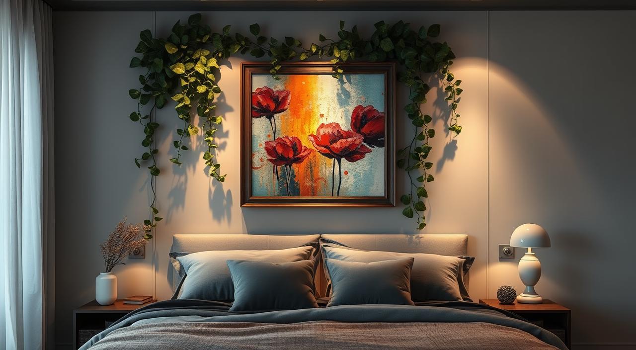 Imagem mostrando uma decoração de parede de quarto com cores suaves e aconchegantes.