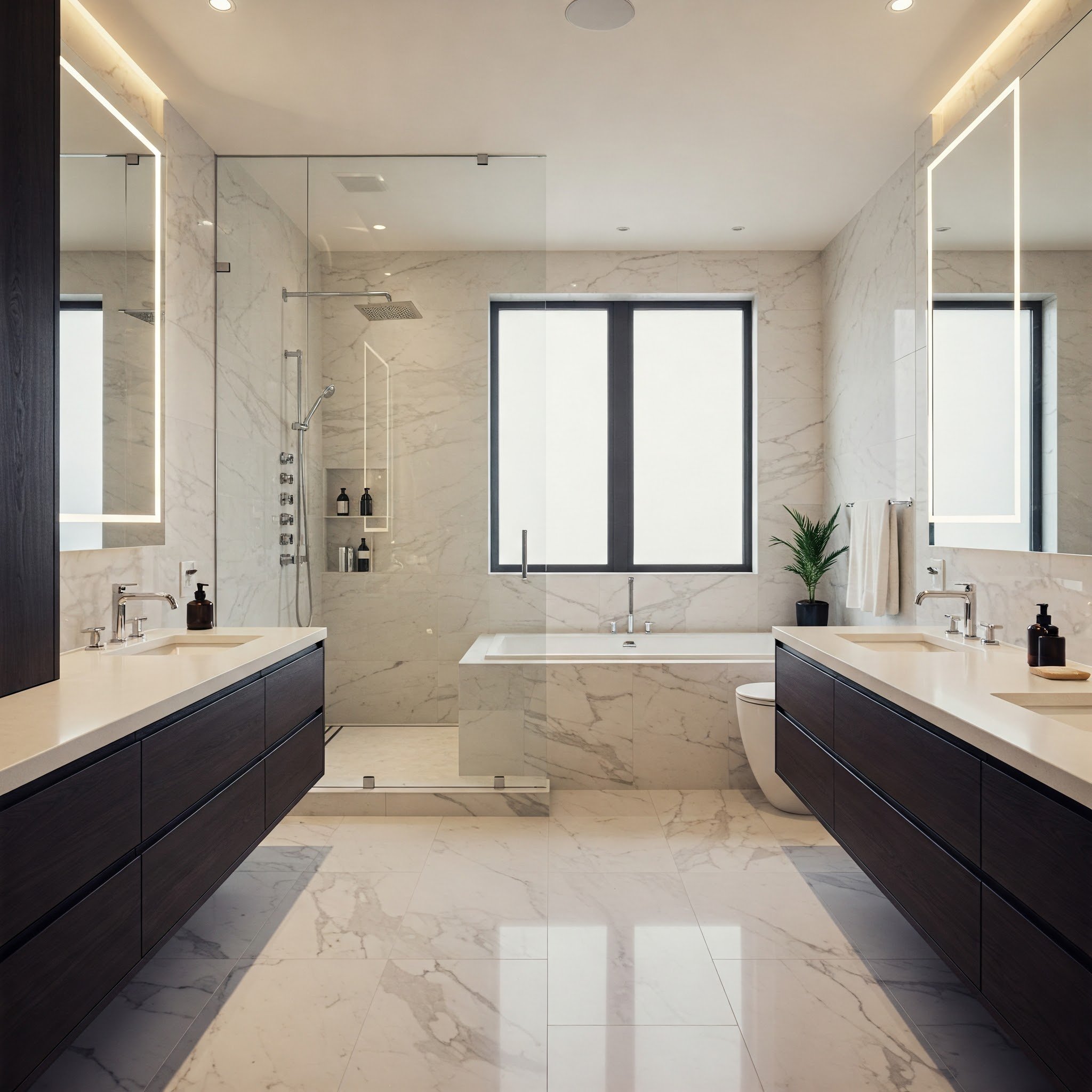 Um banheiro luxuoso com detalhes imponentes e materiais de alta qualidade.