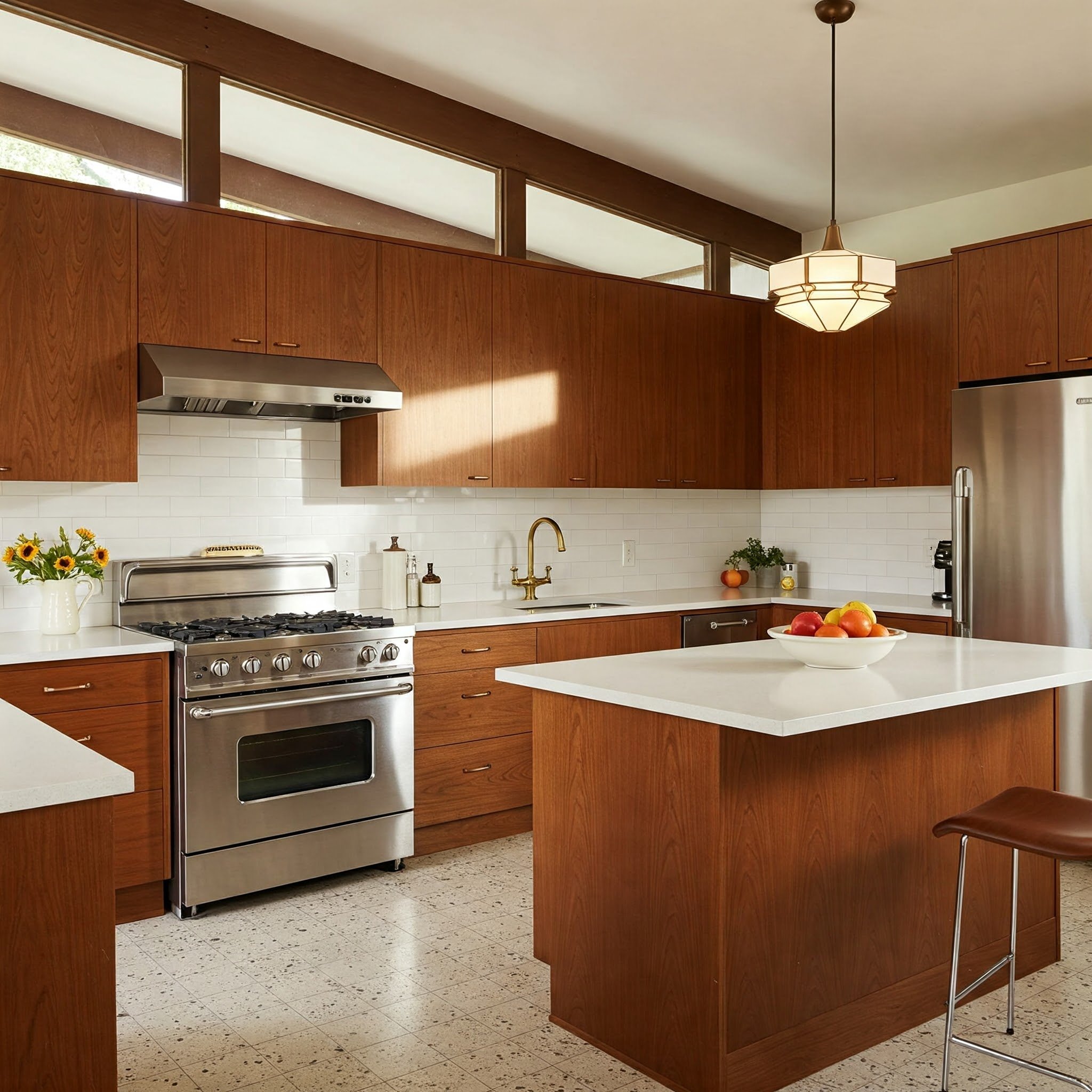Imagem de uma cozinha moderna de estilo mid-century, com móveis e acabamentos de madeira.