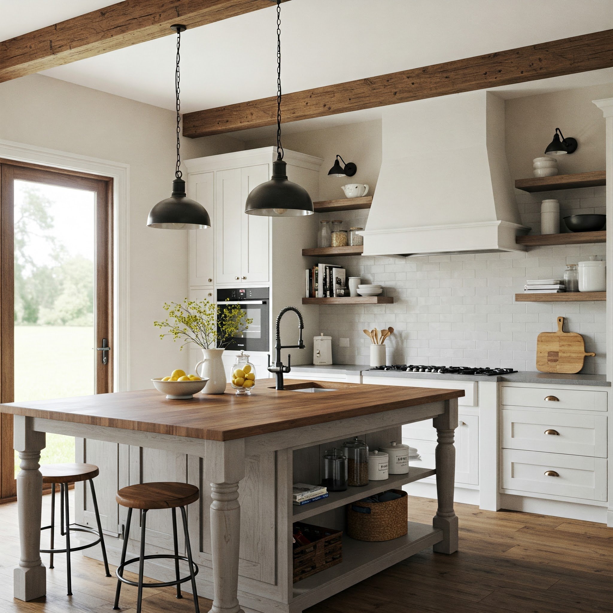 15 Modern Farmhouse Kitchen Ideas You'll Love 3 Imagem de uma cozinha moderna no estilo farmhouse, com elementos rústicos e contemporâneos em harmonia.