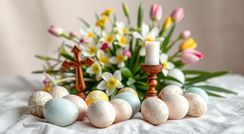 Decoração com símbolos da Páscoa, como ovos e coelhos.