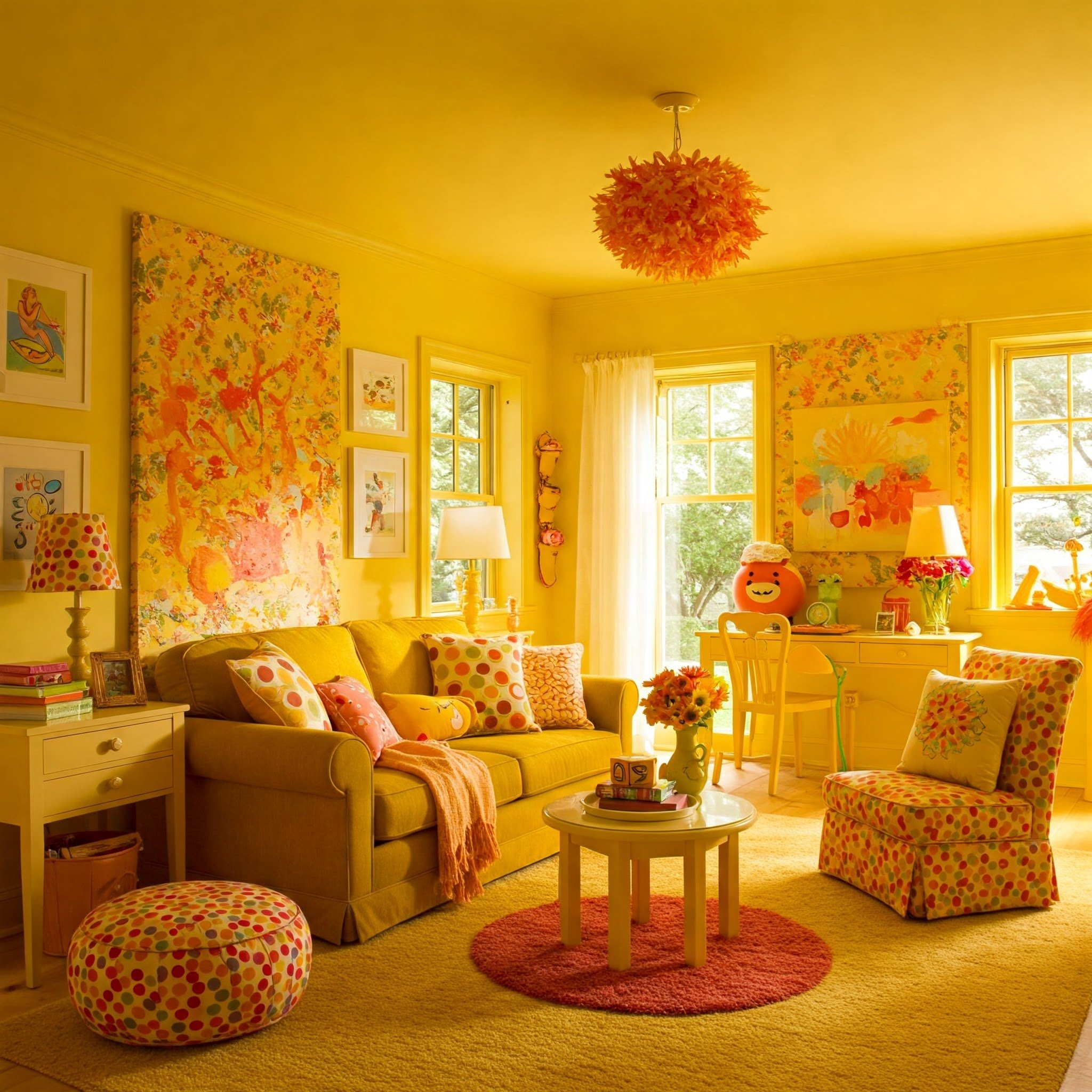 Imagem de uma parede de destaque amarela com decoração em tons neutros, criando um ponto focal atrativo.