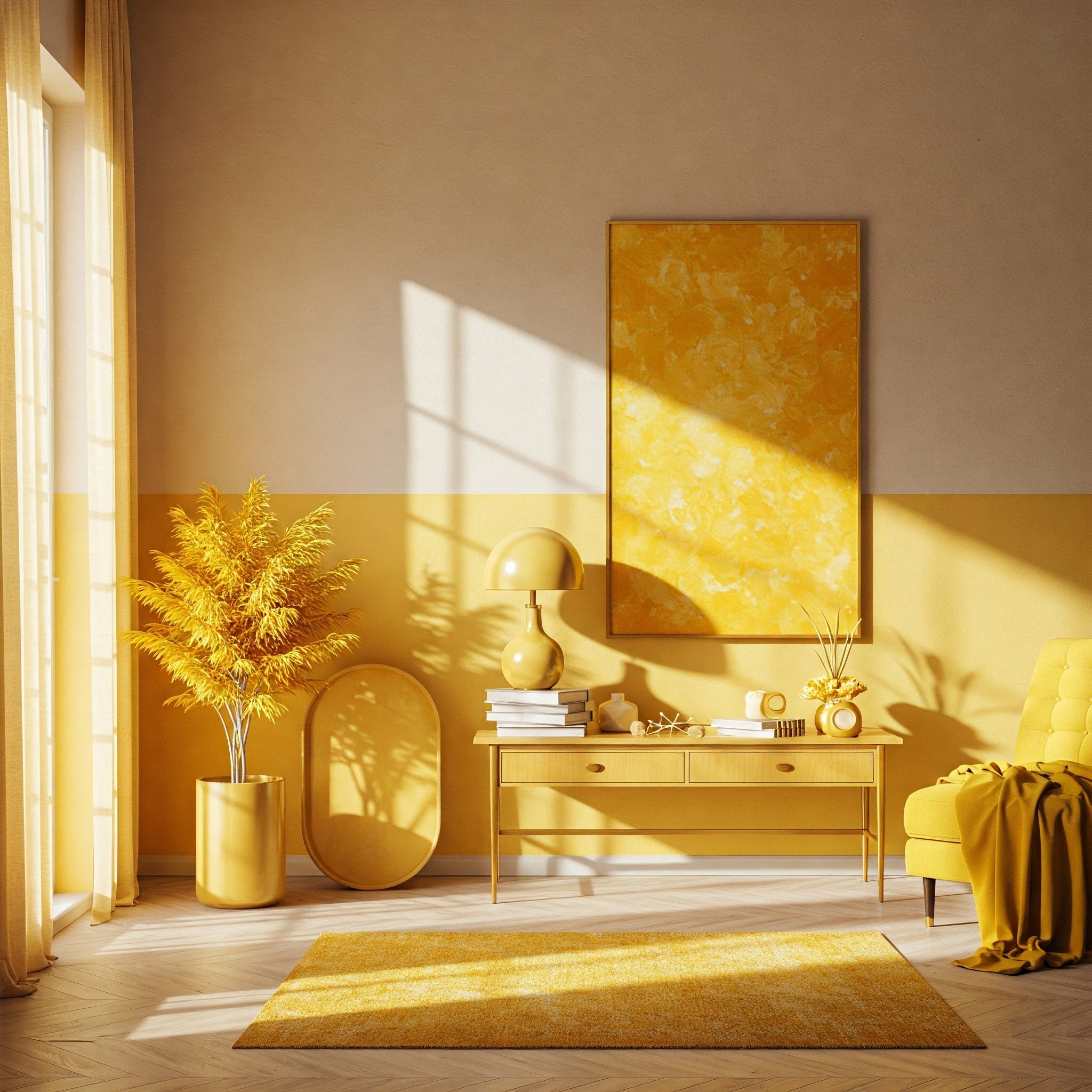 Imagem de uma sala decorada com têxteis amarelos, incluindo almofadas e cortinas, proporcionando um ambiente acolhedor.