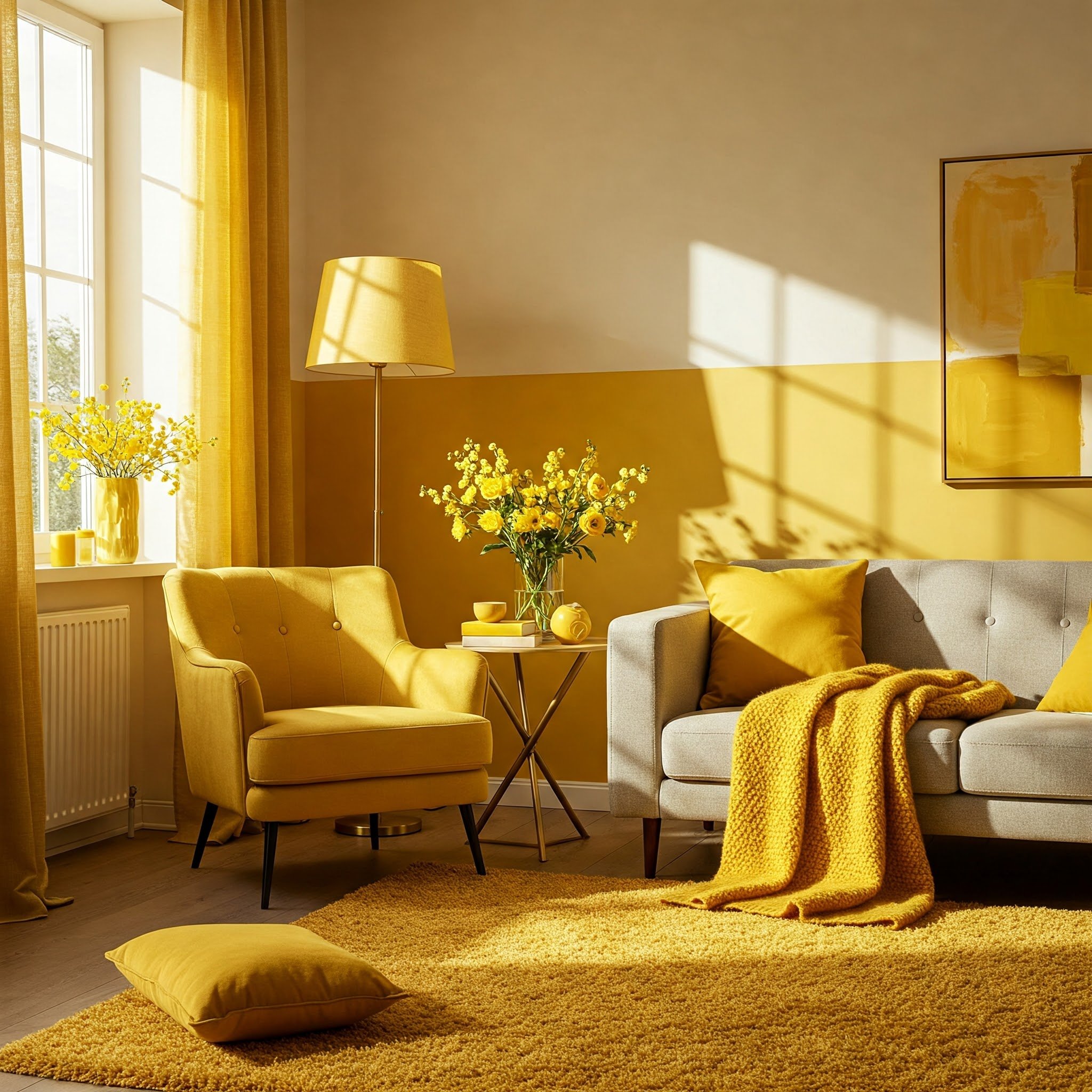 Imagem de móveis amarelos que se destacam na decoração, como um sofá canário.