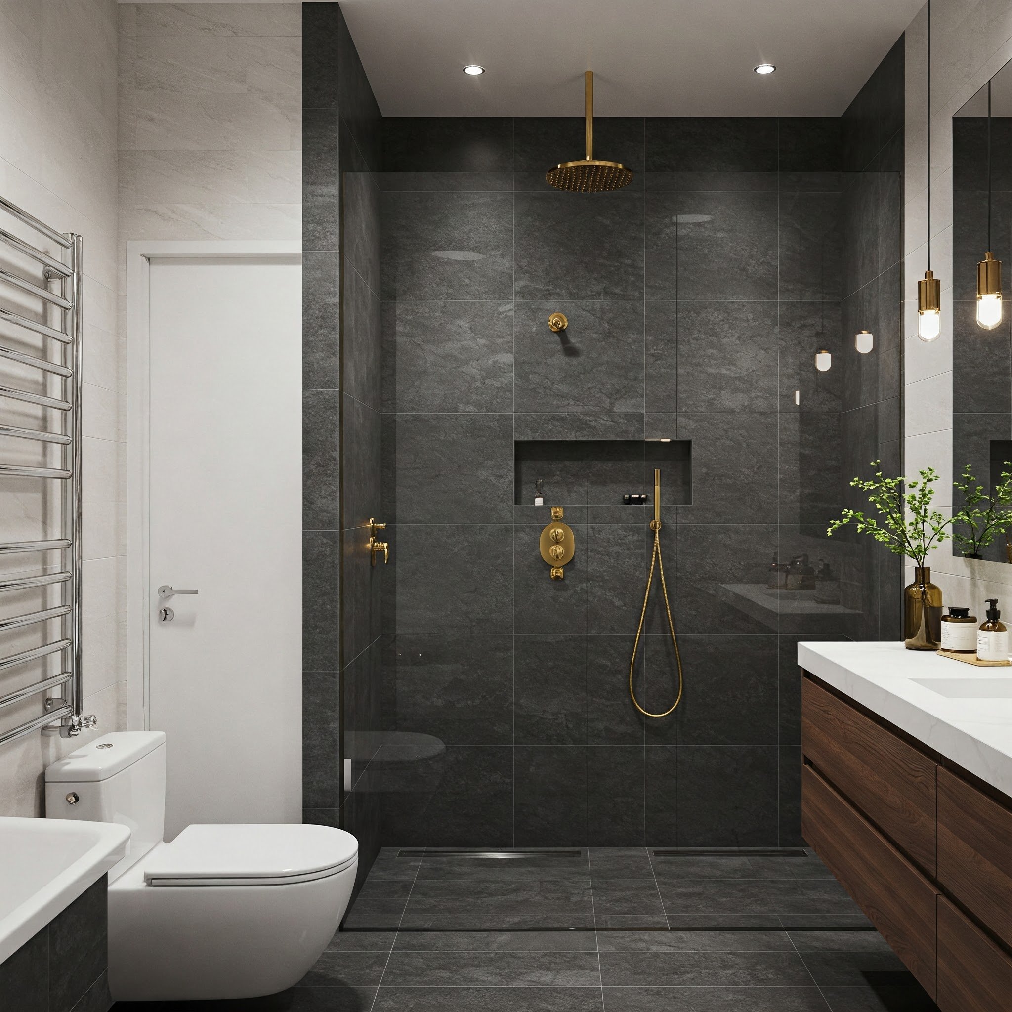 Um banheiro com uma paleta de cores neutras, ressaltando a elegância e a modernidade.
