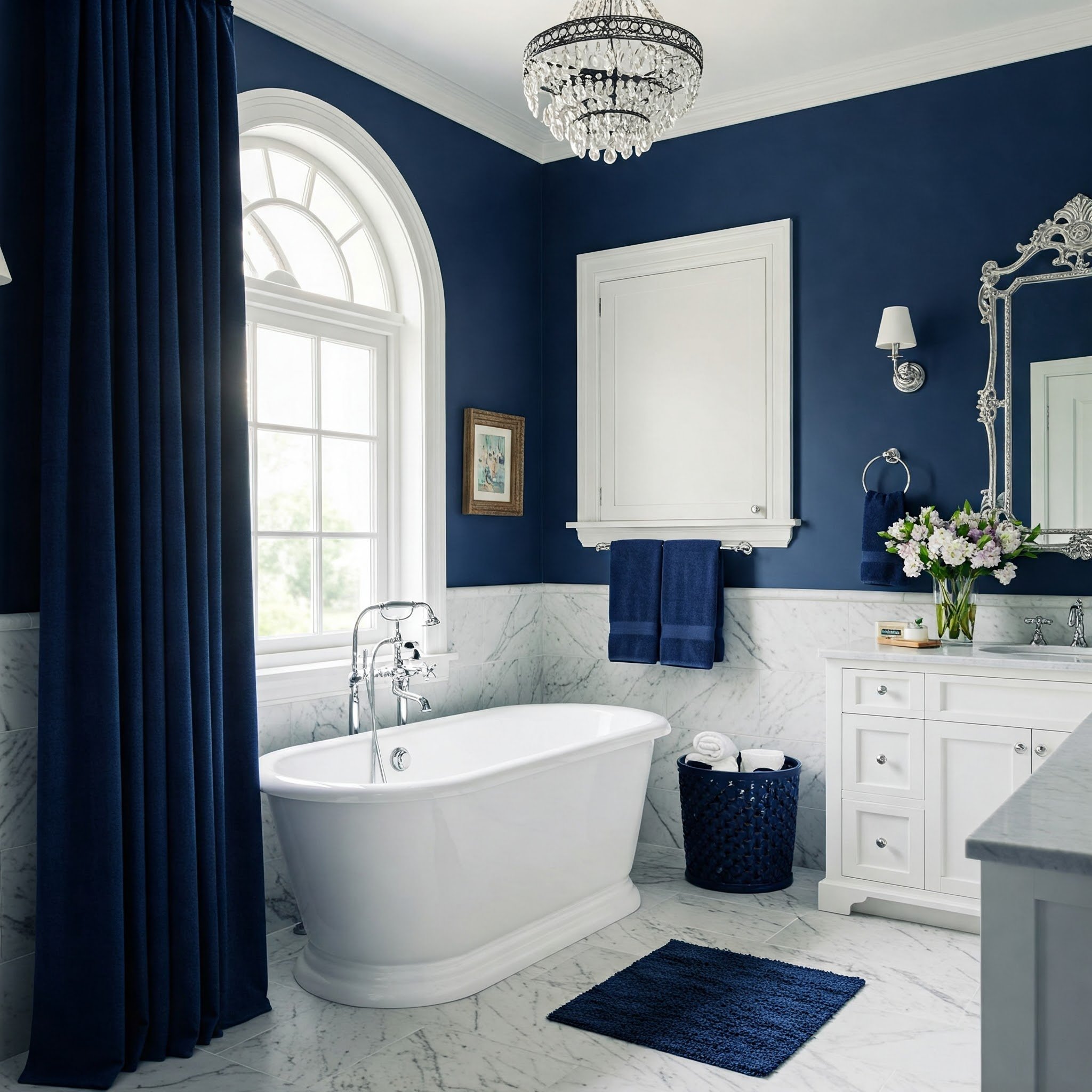 Papel de parede ousado em azul e branco pode dar um novo visual ao banheiro instantaneamente.