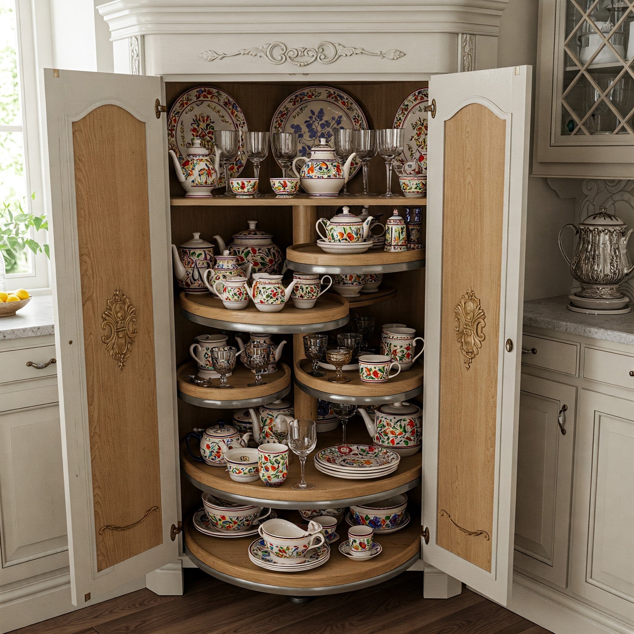 Um armário com prateleira rotativa tipo lazy Susan para facilitar o acesso aos itens.