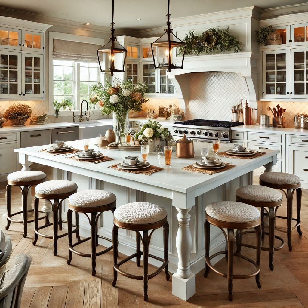 15 Stylish Kitchen Island Ideas with Seating 5 Uma ilha de madeira rústica com bancos embutidos traz uma atmosfera acolhedora, perfeita para lares no estilo fazenda.