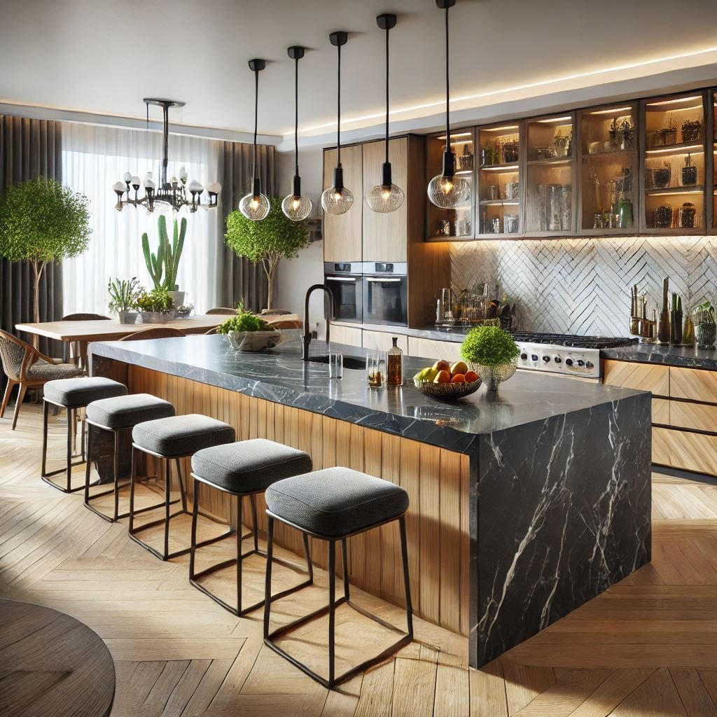 15 Stylish Kitchen Island Ideas with Seating 10 Uma ilha multi-nível é uma solução prática e estilosa, oferecendo áreas distintas para refeições e preparo de alimentos.