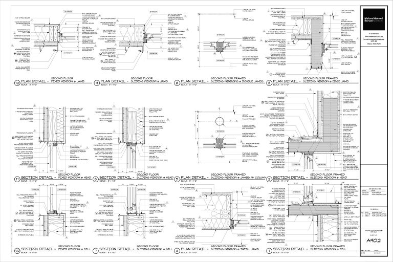 Uma folha de detalhes arquitetônicos, densa e com muitas informações. Mostra a organização dos desenhos em um único papel.