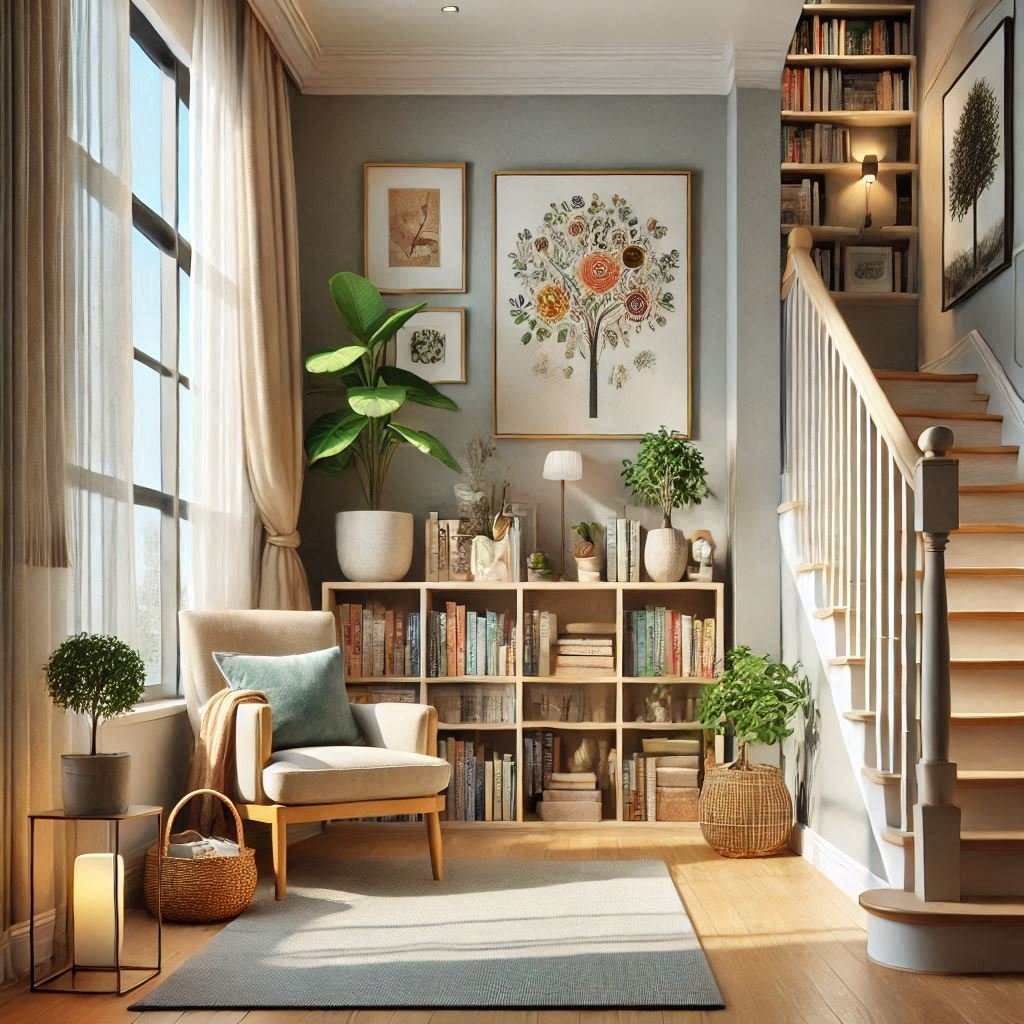 Transforme sua landing de escadas em um recanto confortável para leitura.