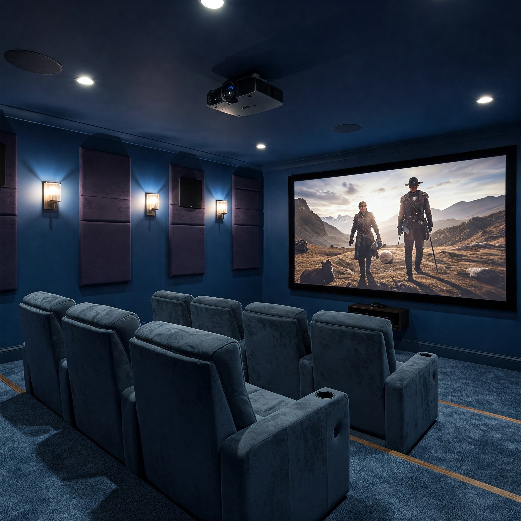 Uma imagem que representa a criação de um cinema em casa, com foco na experiência de visualização e conforto.