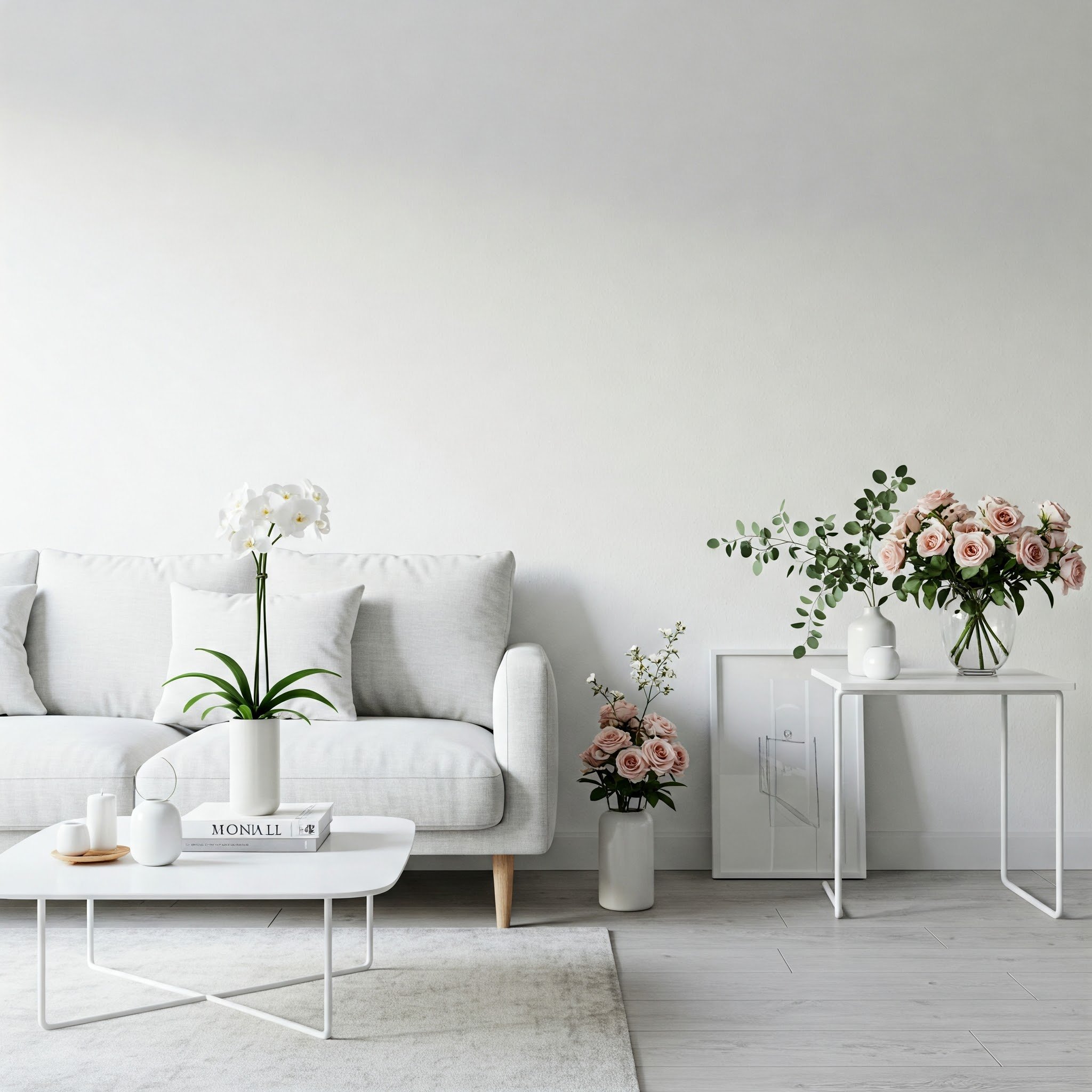 Imagem de flores minimalistas elegantemente dispostas em um interior moderno.