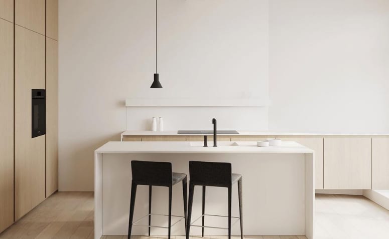 Uma cozinha minimalista prioriza o essencial e a sobriedade com uma decoração clean e simples.