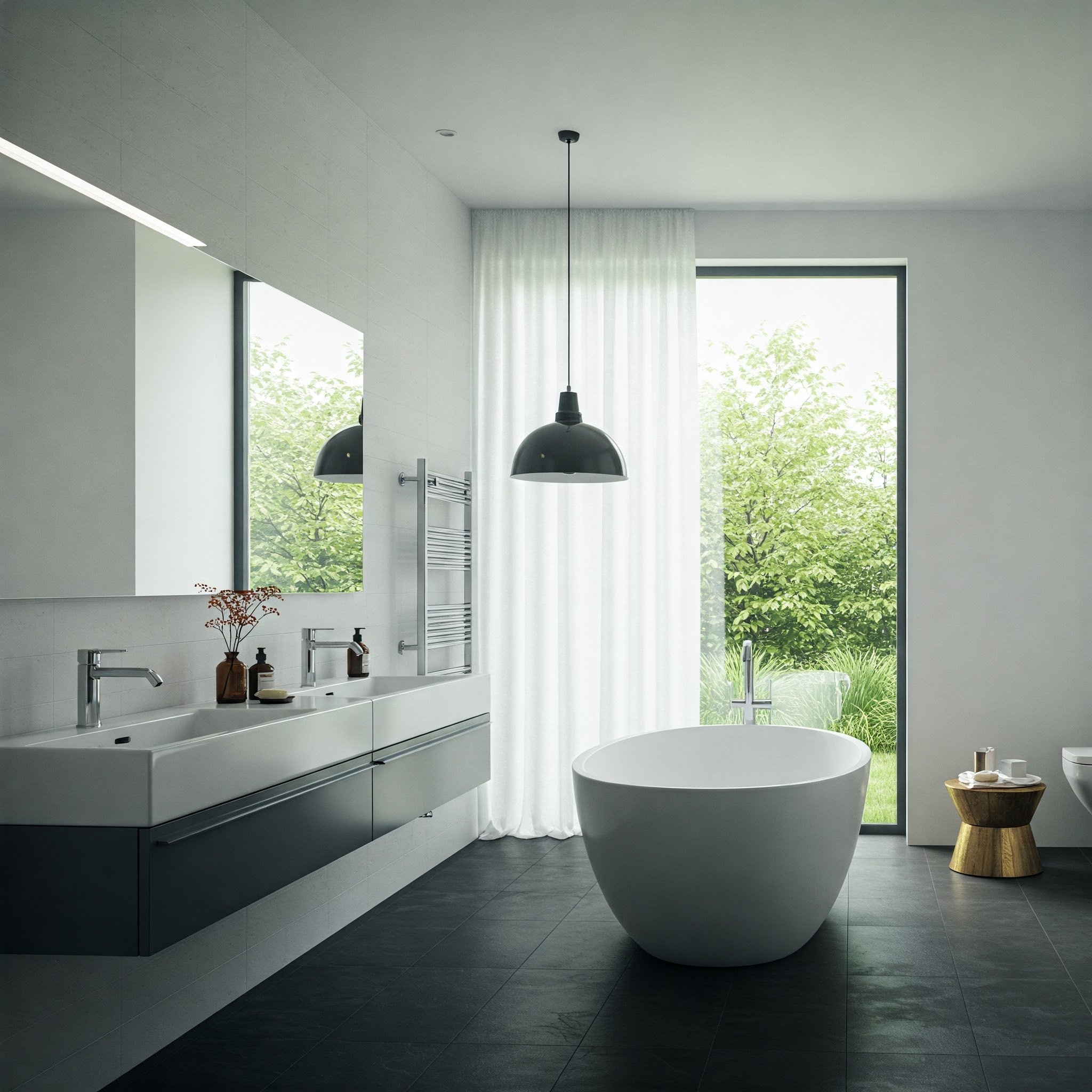 Um banheiro contemporâneo com um ar minimalista, apresentando um design elegante e moderno.