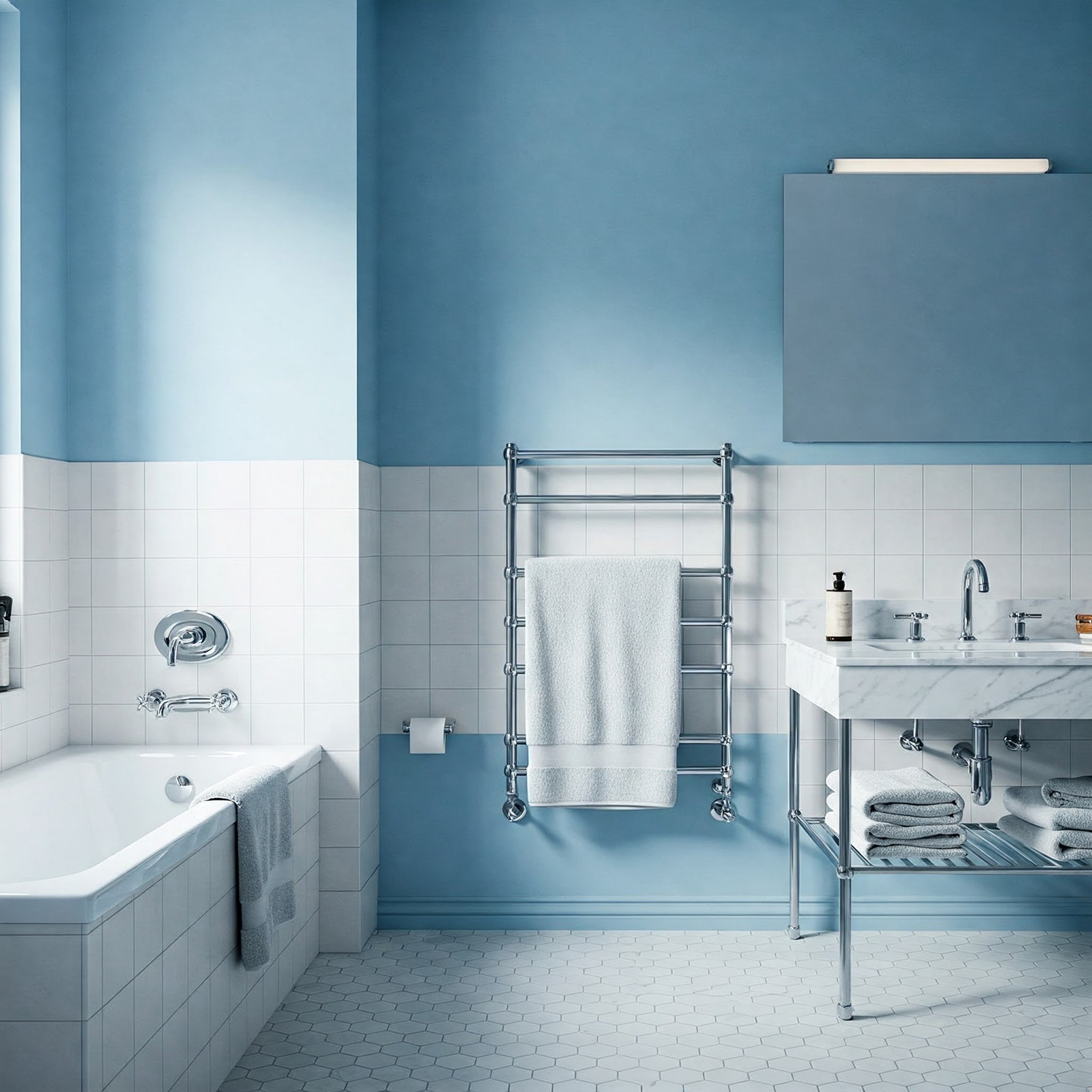 Um banheiro azul e branco oferece uma combinação clássica que evoca um ambienteCalmo.