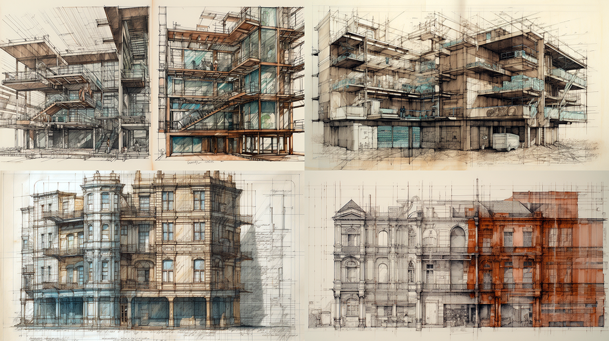 AIA24 Conference on Architecture & Design 9 Uma imagem mostrando desenhos arquitetônicos mistos, utilizando lápis e prismacolor.